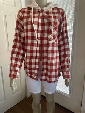 Time and Tru Red and White Plaid Hooded Shacket